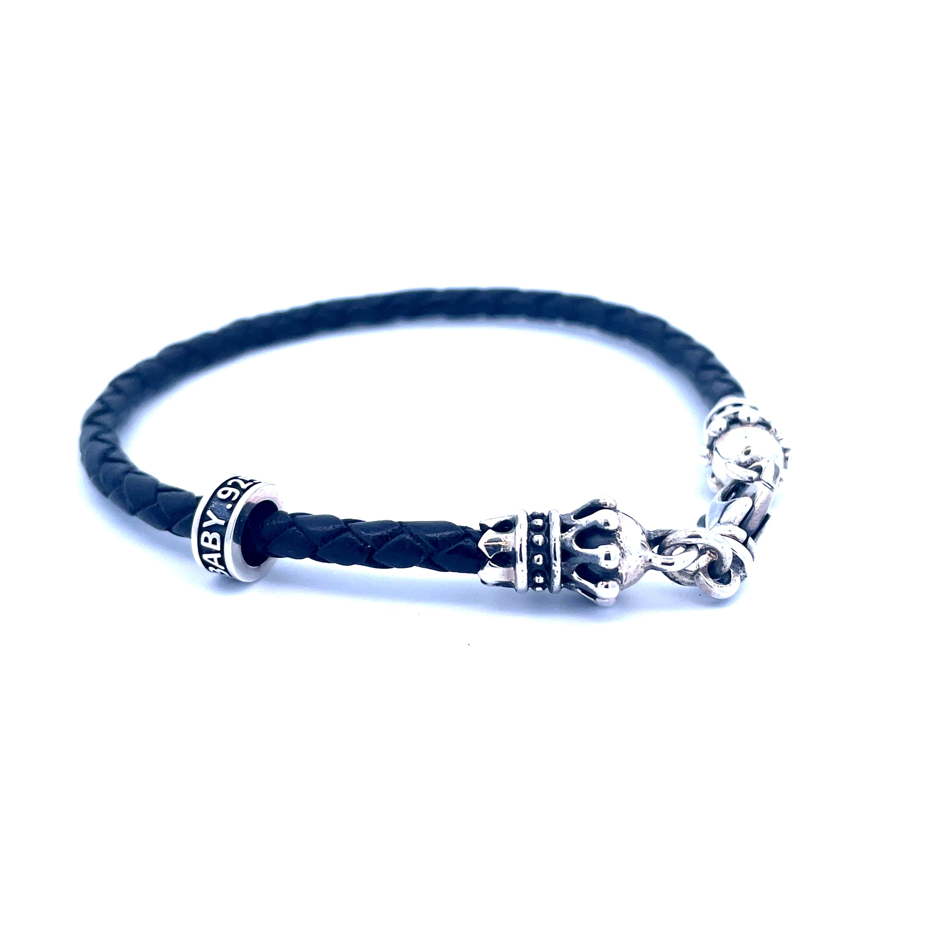 White Sterling Silver Small Leather Braid With Crowns, Bracelet Length