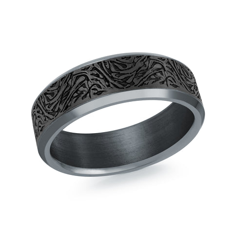 Black/Grey Tantalum & Carbon Fibre 7Mm Floral Texture Ring Size 10