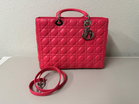 Lady Dior Large Dark Pink Lamb Tote with Strap, A Condition