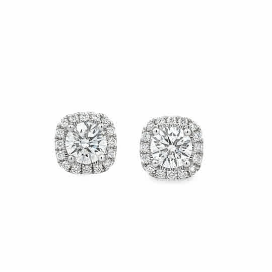 Lady's White 18 Karat Cushion Halo Stud Earrings With 34 = 1.65Tw Roun