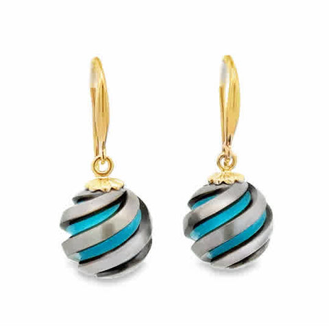 Lady's Yellow 14 Karat Carved, Twist Dangle Earrings 2 = 11.00mm Fresh Water Black Pearls