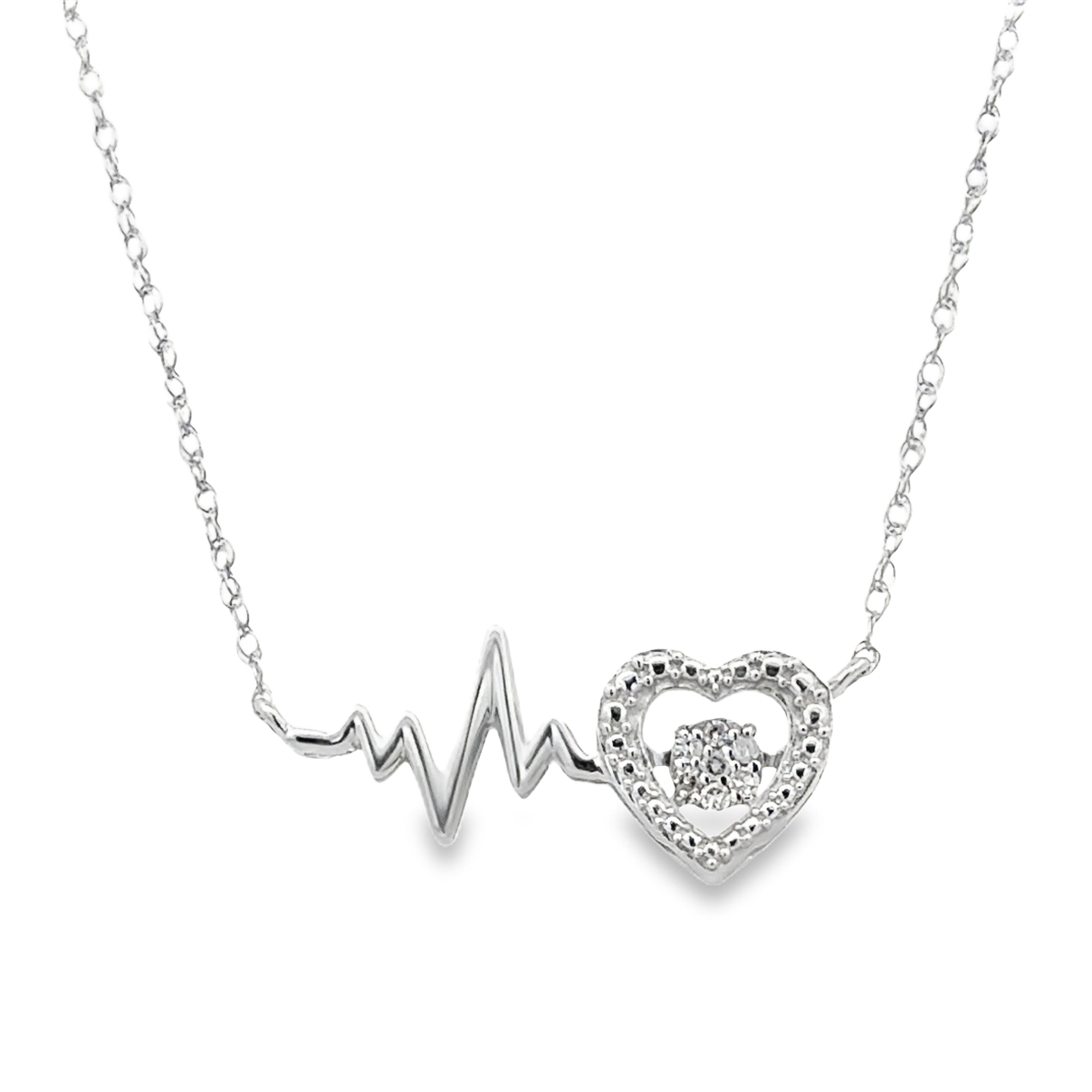 Lady's White Sterling Silver Heartbeat With Dancing Diamond Necklace 7
