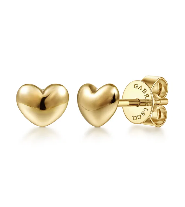 14K Yellow Gold Puff Heart Stud Earrings