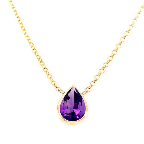 Lady's Yellow 14 Karat Stationary Necklace With One Pear Amethyst