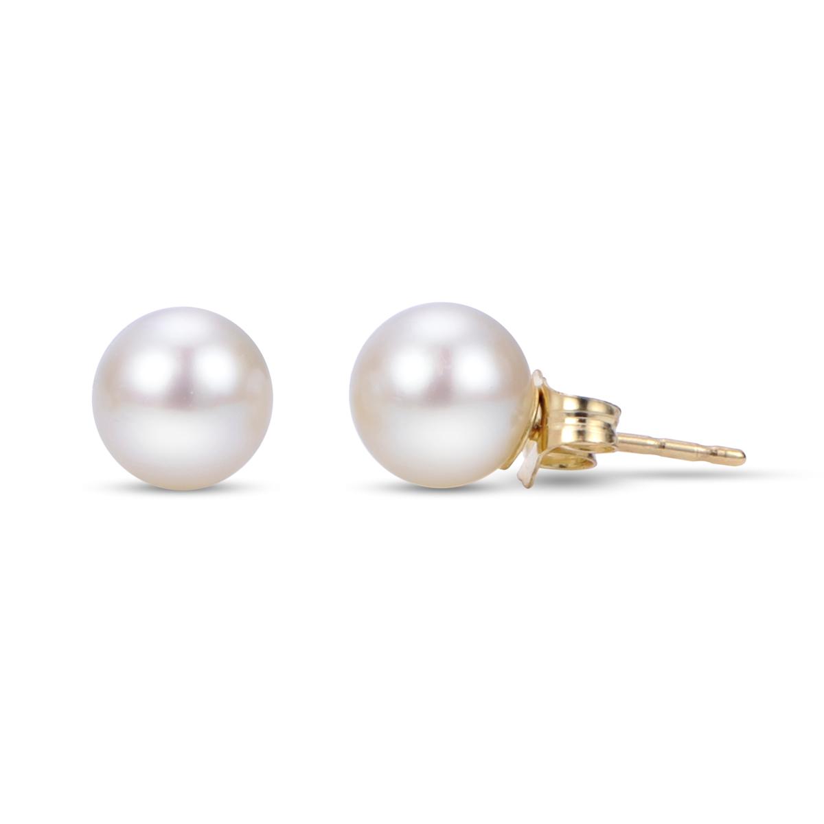 Lady's Yellow 14 Karat "A" Cp Studs Earrings With 2=7.00Mm Akoya Pearls
