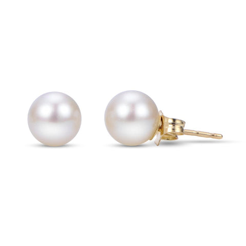 Lady's Yellow 14 Karat "A" Cp Studs Earrings With 2=7.00Mm Akoya Pearls