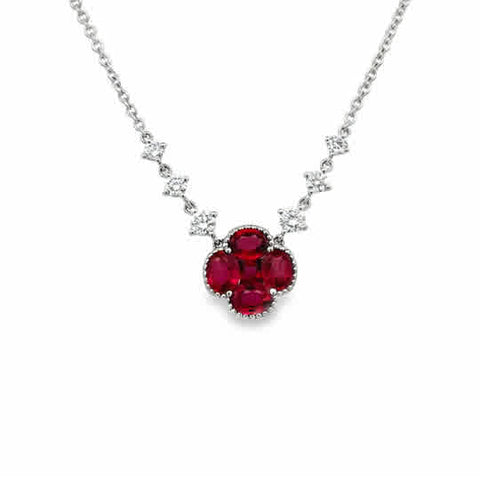 18 Karat White Gold Clover Style Necklace with Rubies and Diamonds