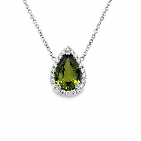 18 Karat White Gold Halo Pendant with Green Tourmaline and Round Brilliant Cut Diamonds