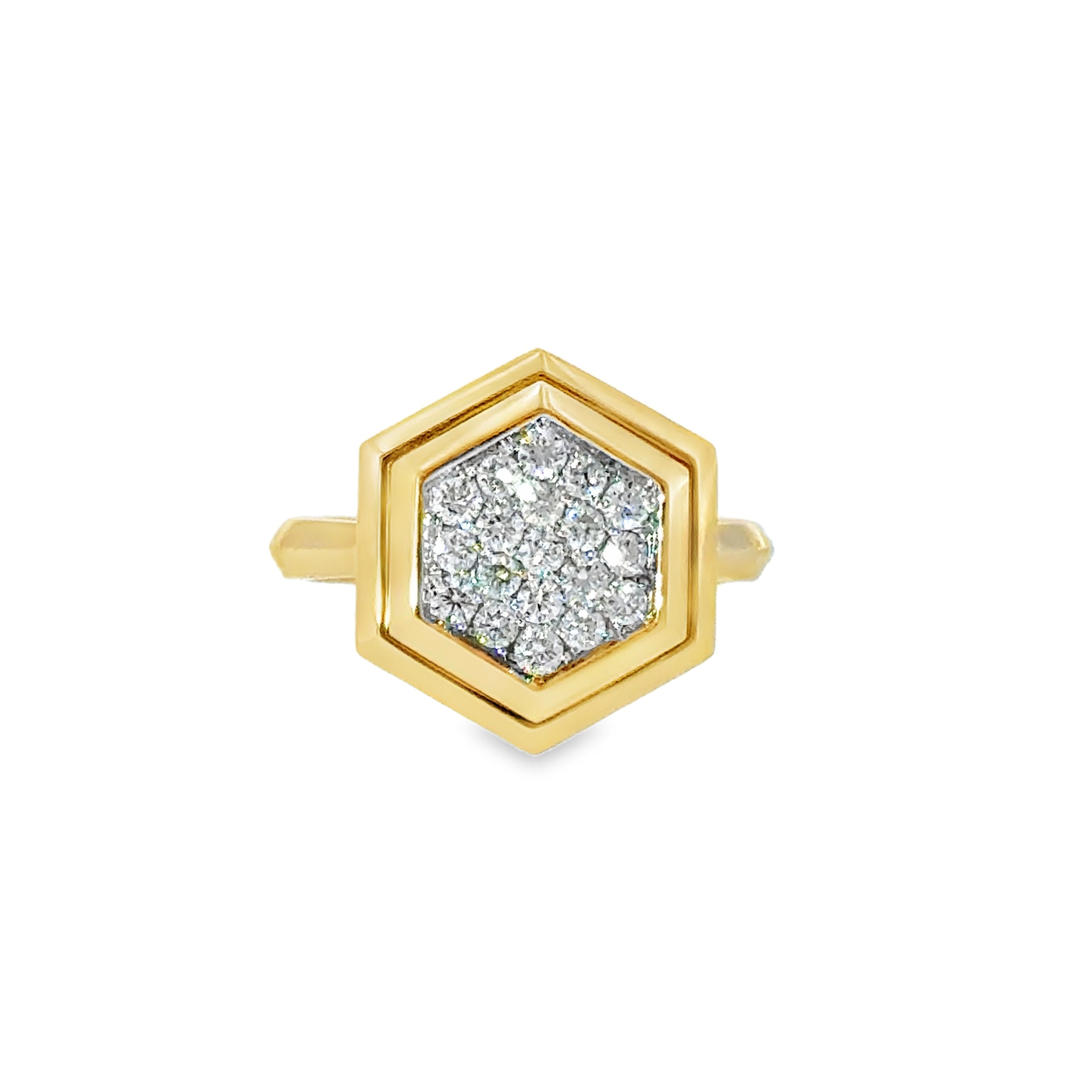 18 Karat Yellow Gold Hexagon Pave' Top Fashion Ring with .42ctw Round Brilliant Cut Diamonds