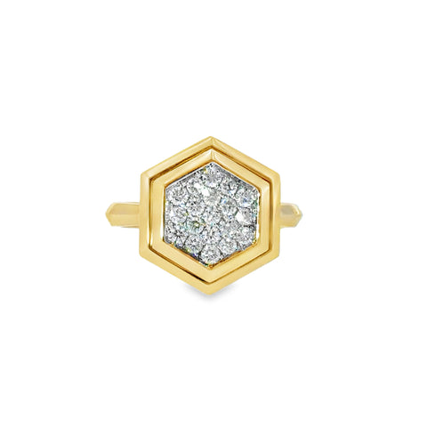 18 Karat Yellow Gold Hexagon Pave' Top Fashion Ring with .42ctw Round Brilliant Cut Diamonds