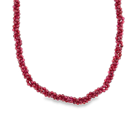 SS 4mm Faceted Rhodolite Garnet Beaded Triple Strand, Twisted Necklace