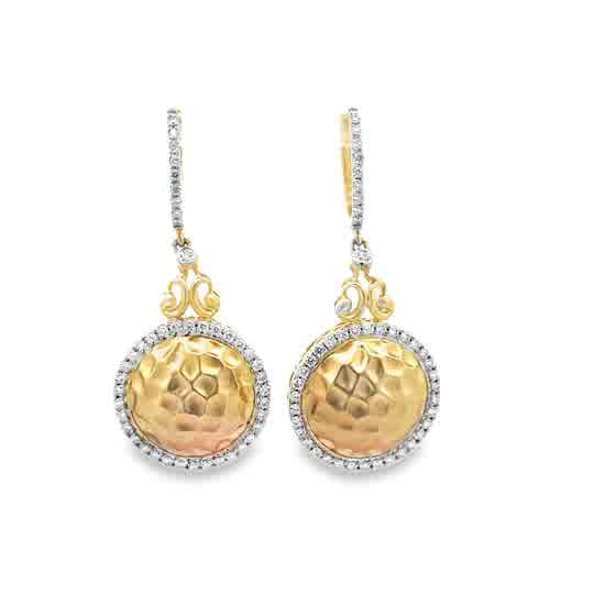 Lady's Yellow 14 Karat Hammered Halo Earrings = 0.43tw Round G/H SI1 D