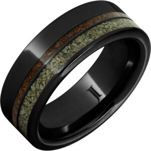 Gent's Black Ceramic Polish 8Mm Flat With 1Mm Dinosaur Bone Red, And 2Mm Dinosaur Bone Green Gents Ring Size 10.5