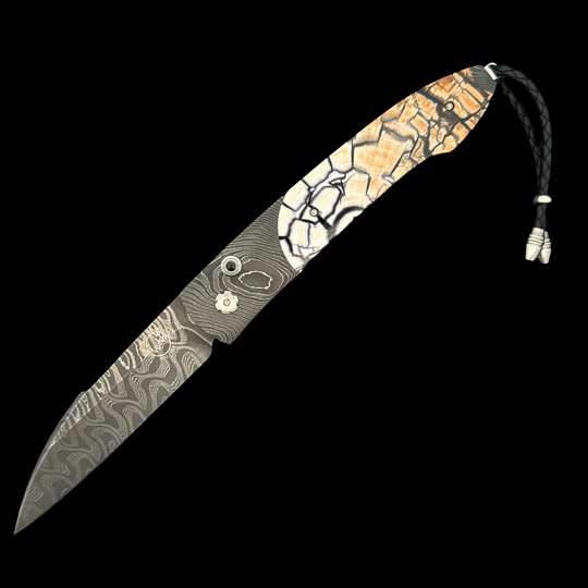 Automatic Opening Folding Knife | Hand-Forged Damascus And Woolly Mammoth Tusk