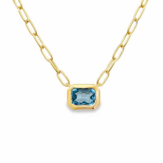 14ky Bezel Blue Topaz with Paperclip Chain, Necklace