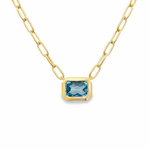 14ky Bezel Blue Topaz with Paperclip Chain, Necklace