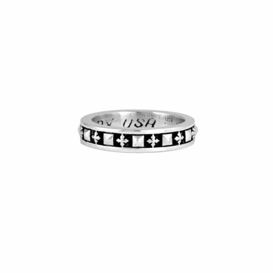 White Sterling Silver Stackable Studded Ring With Mb Crosses, Size 10