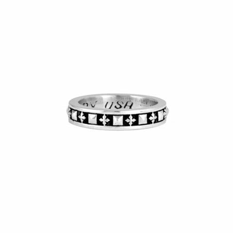 White Sterling Silver Stackable Studded Ring With Mb Crosses, Size 10