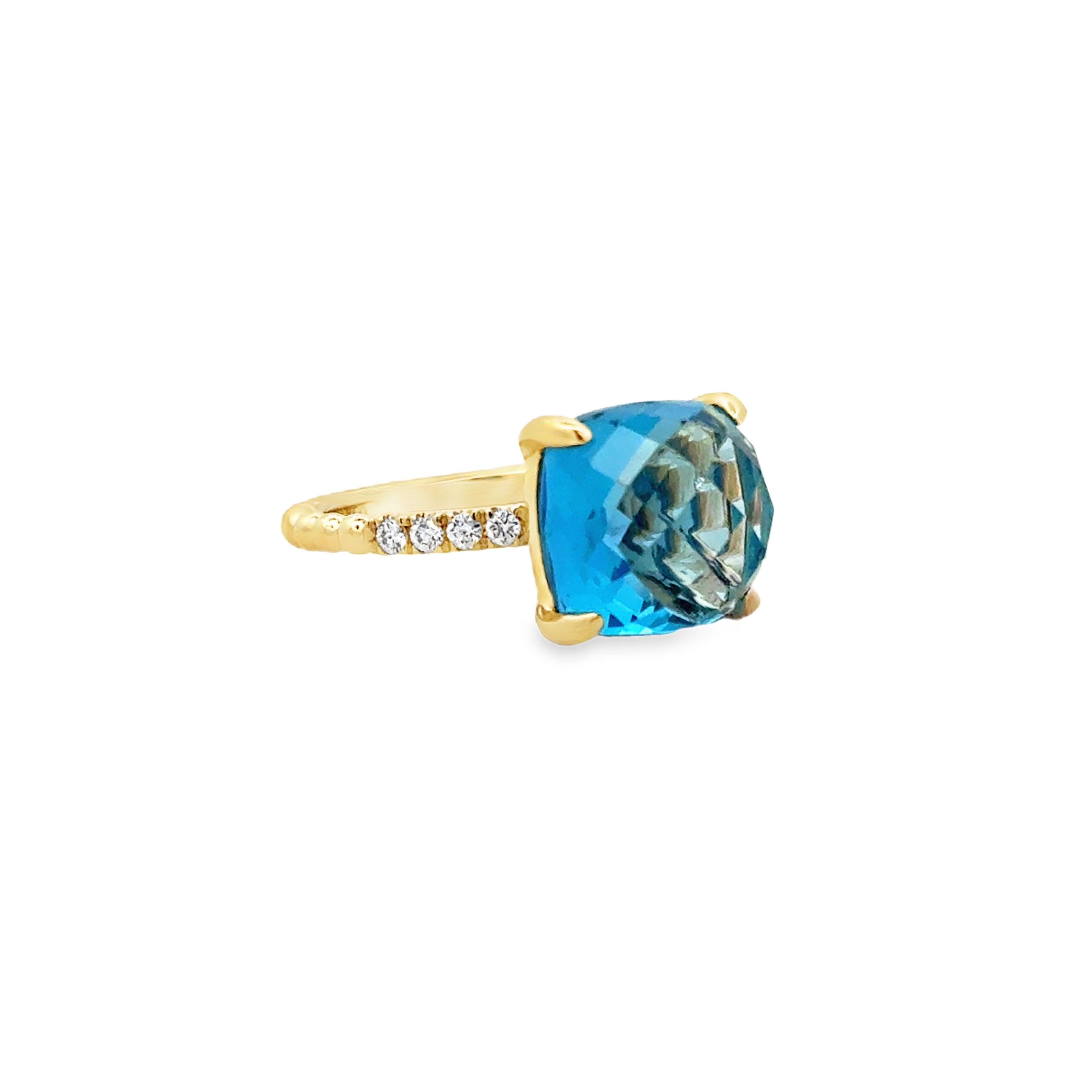 Lady's Yellow 14 Karat Beaded With Faceted Fashion Ring Size 6.5 With One = 7.74Ct Cushion Blue Topaz And = 0.12Tw Round G/H Si2 Diamonds