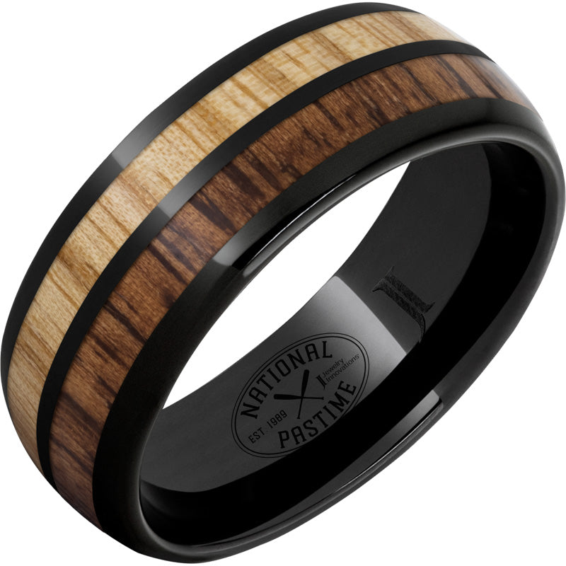 Gent's Black Ceramic 8Mm With 2Mm Ash And 2Mm Hickory, Gents Ring Size 9.5