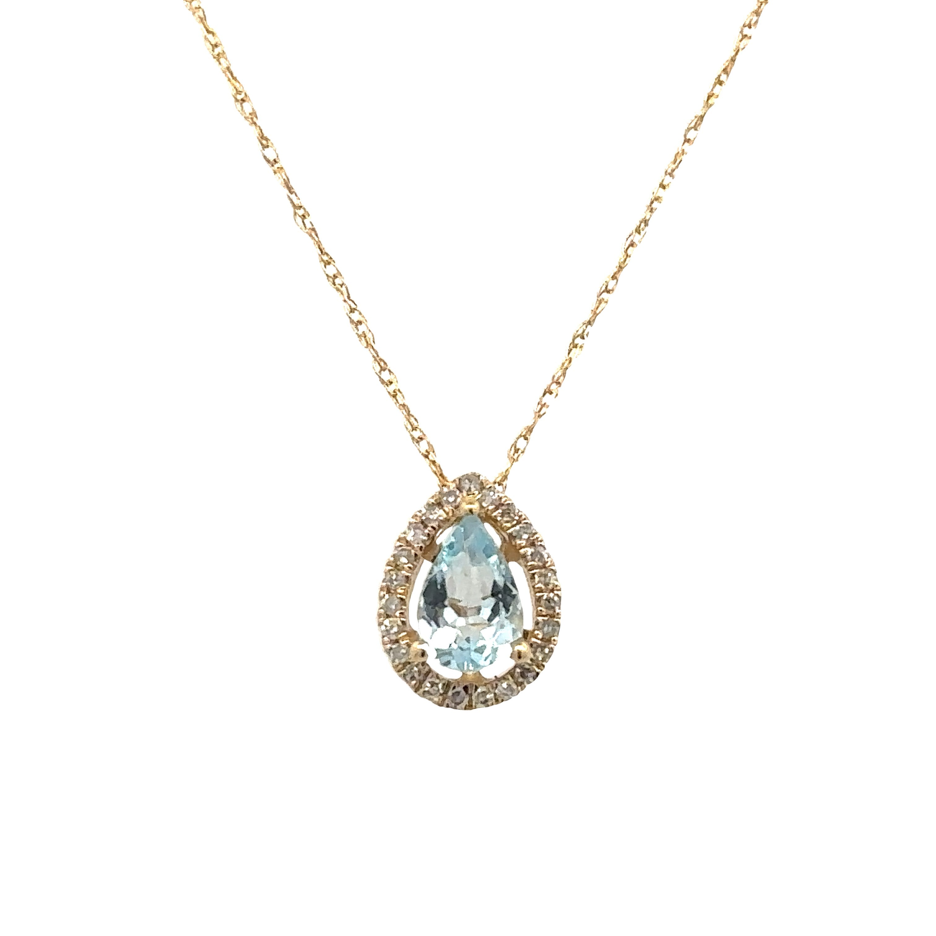 Aquamarine Teardrop Halo Necklace | 14k Yellow (0.45ct Pear)