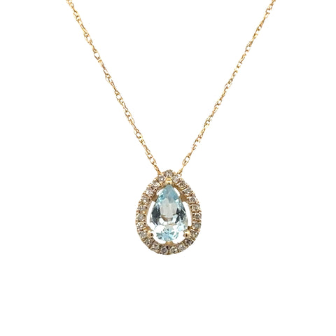 Aquamarine Teardrop Halo Necklace | 14k Yellow (0.45ct Pear)