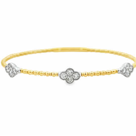 14 Karat Yellow Gold Flexie Bangle with Diamond Clover Station, with 12= 1.00tw Round G/H Si2. Size 6.75''