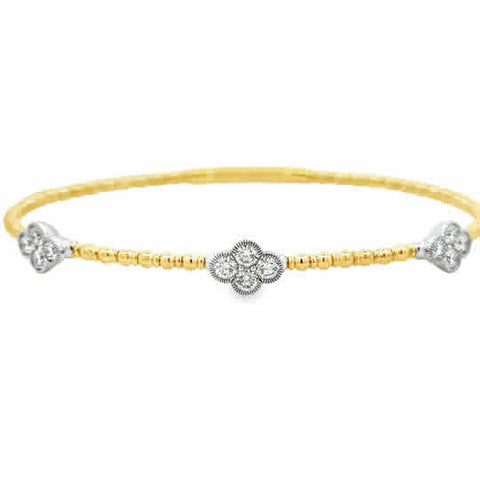14 Karat Yellow Gold Flexie Bangle with Diamond Clover Station, with 12= 1.00tw Round G/H Si2. Size 6.75''