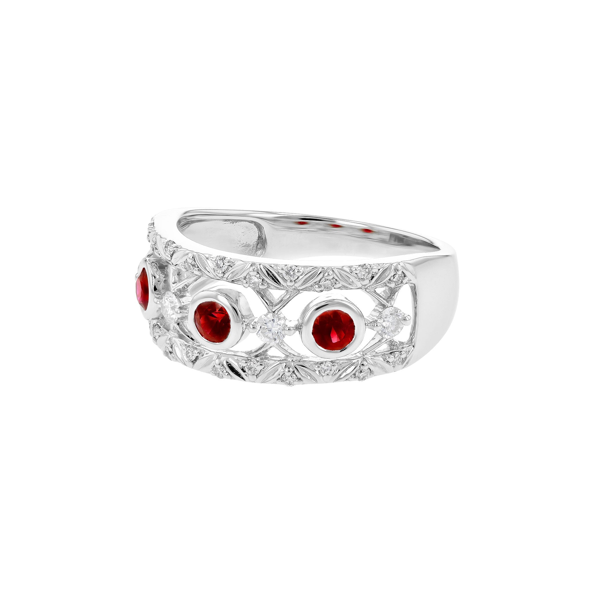 14 Karat White Gold Wide Anniversary Ring with .40ctw Rubies and .23ctw Round Brilliant Cut Diamonds