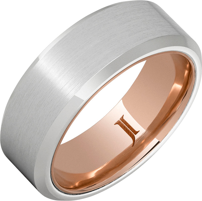 White/Rose Satin Serinium/10 Karat 8Mm Hidden Gold With Beveled Edge Wedding Band Size 10.5