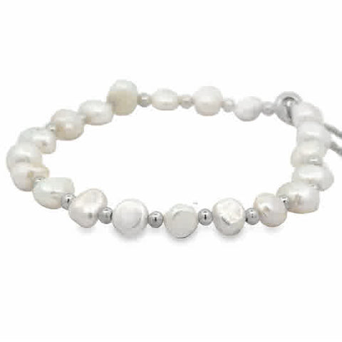 This chic bracelet is made of 6mm cultured white pearls with rhodium plated chain. The chain can be adjusted from 6 inch to 9 inch.