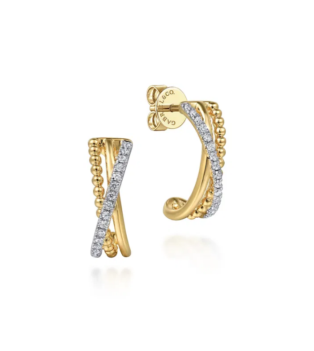 14K Yellow Gold Diamond Bujukan ''J'' Crossover Earrings with Round Brilliant Cut Diamonds