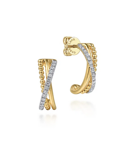 14K Yellow Gold Diamond Bujukan ''J'' Crossover Earrings with Round Brilliant Cut Diamonds