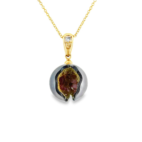Ladies 14K yellow gold with 11-12mm Tahitian Pearl and Ruby and Pink tourmaline