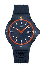 Precision and bold design converge in this striking timepiece. The dark blue sandblasted stainless steel case frames a matching dial enhanced by GLOCK’s distinctive RTF structure and an orange inner ring that adds a dynamic accent. Trigalights®