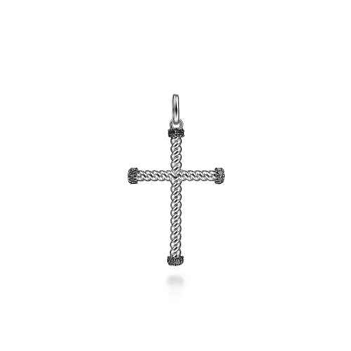 Lady's White Sterling Silver Twisted Rope Cross Charm With R Spinels