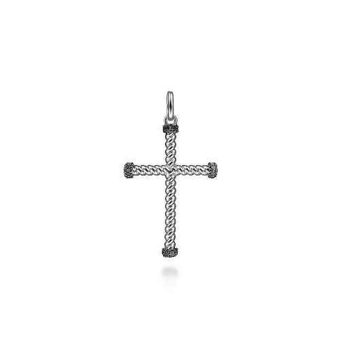 Lady's White Sterling Silver Twisted Rope Cross Charm With R Spinels