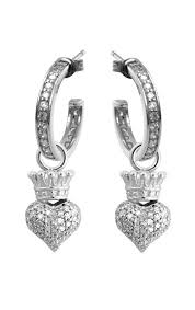 White Sterling Silver Small Hoops With Crowned Heart Drop, Silver And