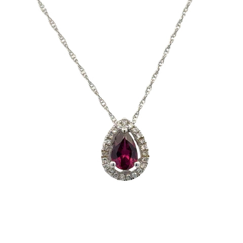 Garnet Teardrop Halo Necklace | 14k White (0.50ct Pear)