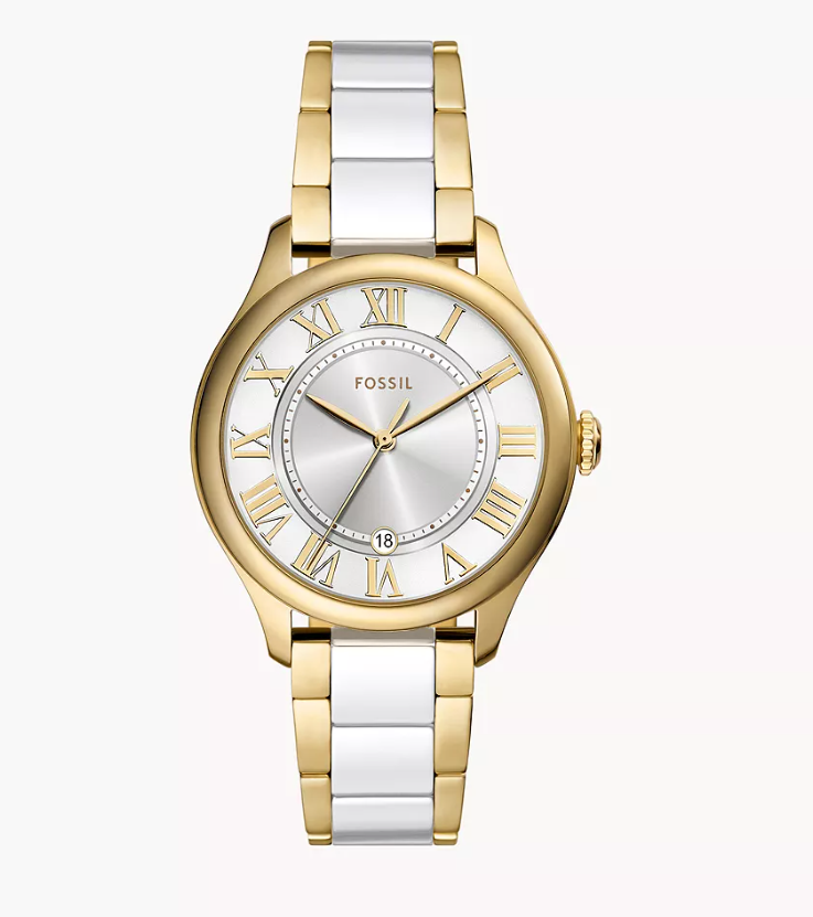 Gilmore Three-Hand Date Gold-Tone and White Ceramic Watch