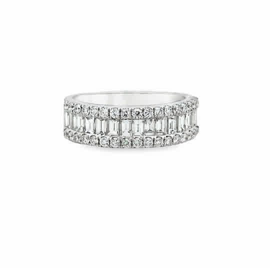 18 Karat White Gold Three Row Ring Set With .88ctw Baguette Cut Diamonds and .45ctw Round Brilliant Cut Diamonds
