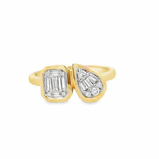 14 Karat Yellow Gold Cluster Bezel Fashion Ring with 0.17tw Baguette G/H Si1 Diamonds and 0.08tw Various Shaped G/H Si1  Diamonds