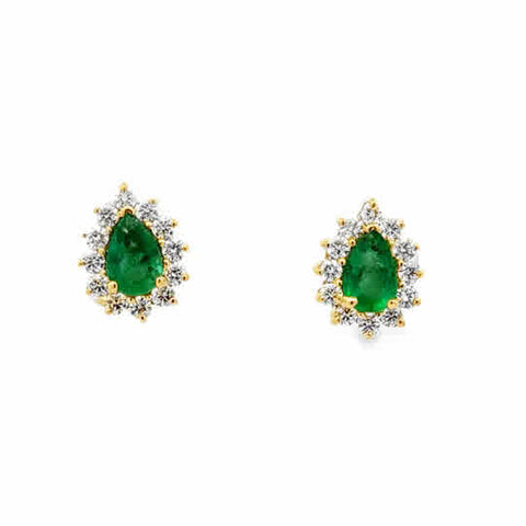 14 Karat Yellow Gold Halo Fashion Earrings with 6x4mm, "Good" Pear Cut Emeralds,  and Round Brilliant Cut Diamonds