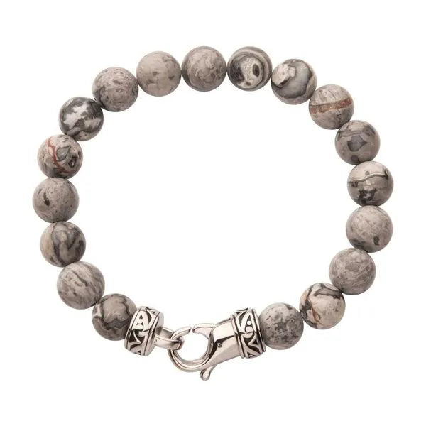 10mm Gray Jasper Stone Bead Bracelet with Stainless Steel Clasp