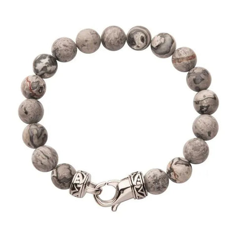 10mm Gray Jasper Stone Bead Bracelet with Stainless Steel Clasp