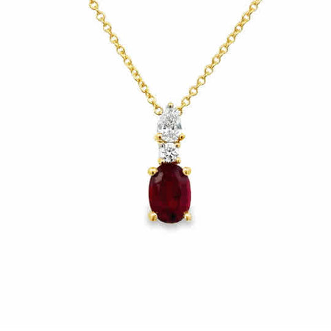 14 Karat Yellow Gold Pendant with 7x5mm, "Better" Oval Cut Ruby, Pear Cut and Round Brilliant Cut Diamonds