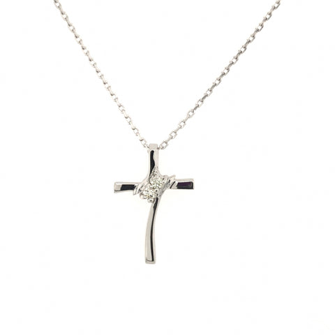 Lady's White Sterling Silver You & I Cross Pendant With 2=0.06Tw Round