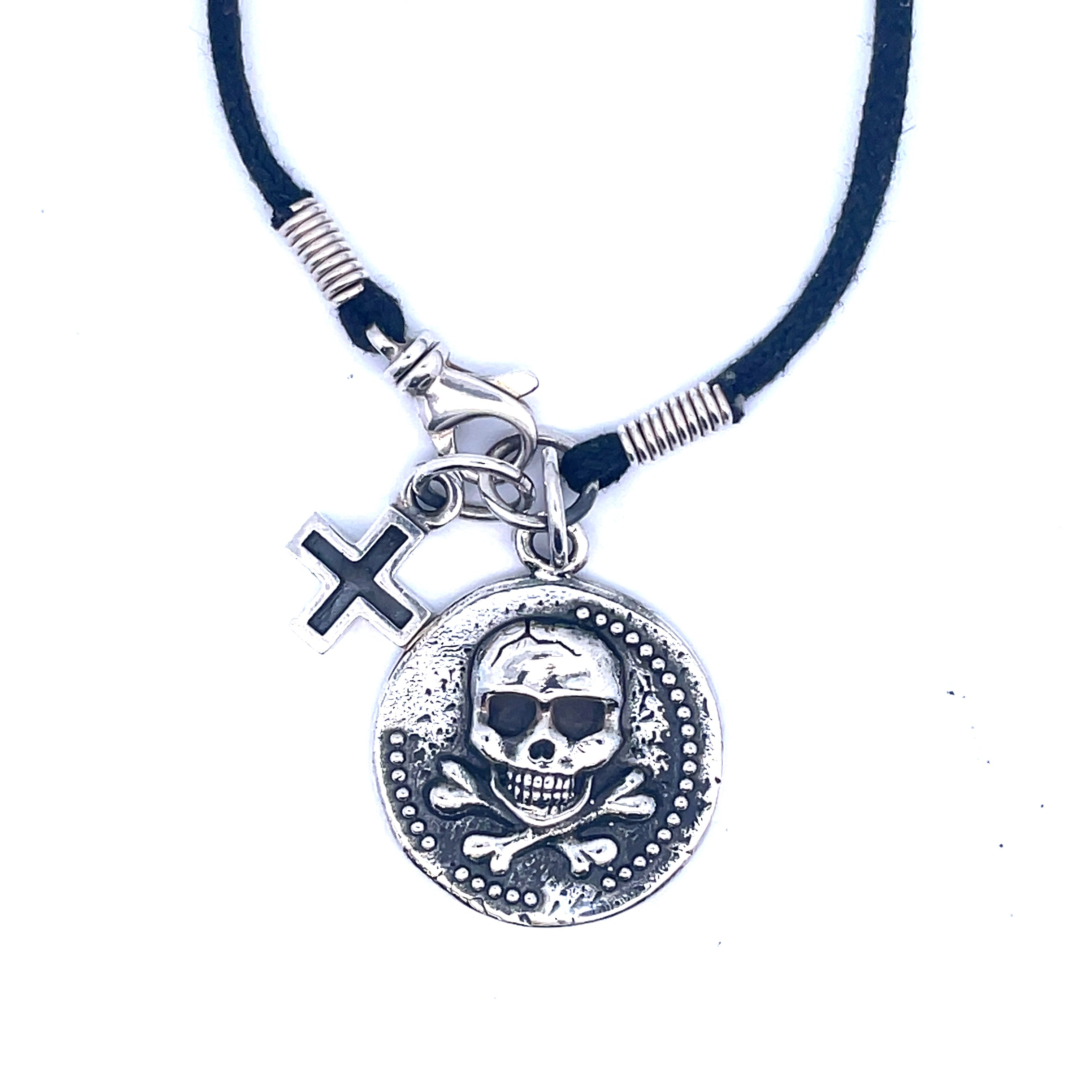 Lady's White Sterling Silver Large Skull Coin And Ancient Cross On Wax