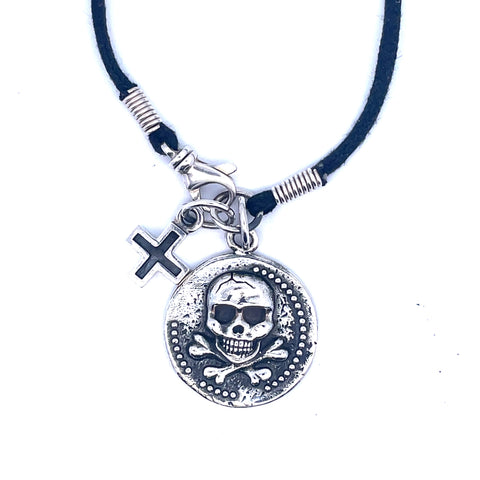 Lady's White Sterling Silver Large Skull Coin And Ancient Cross On Wax