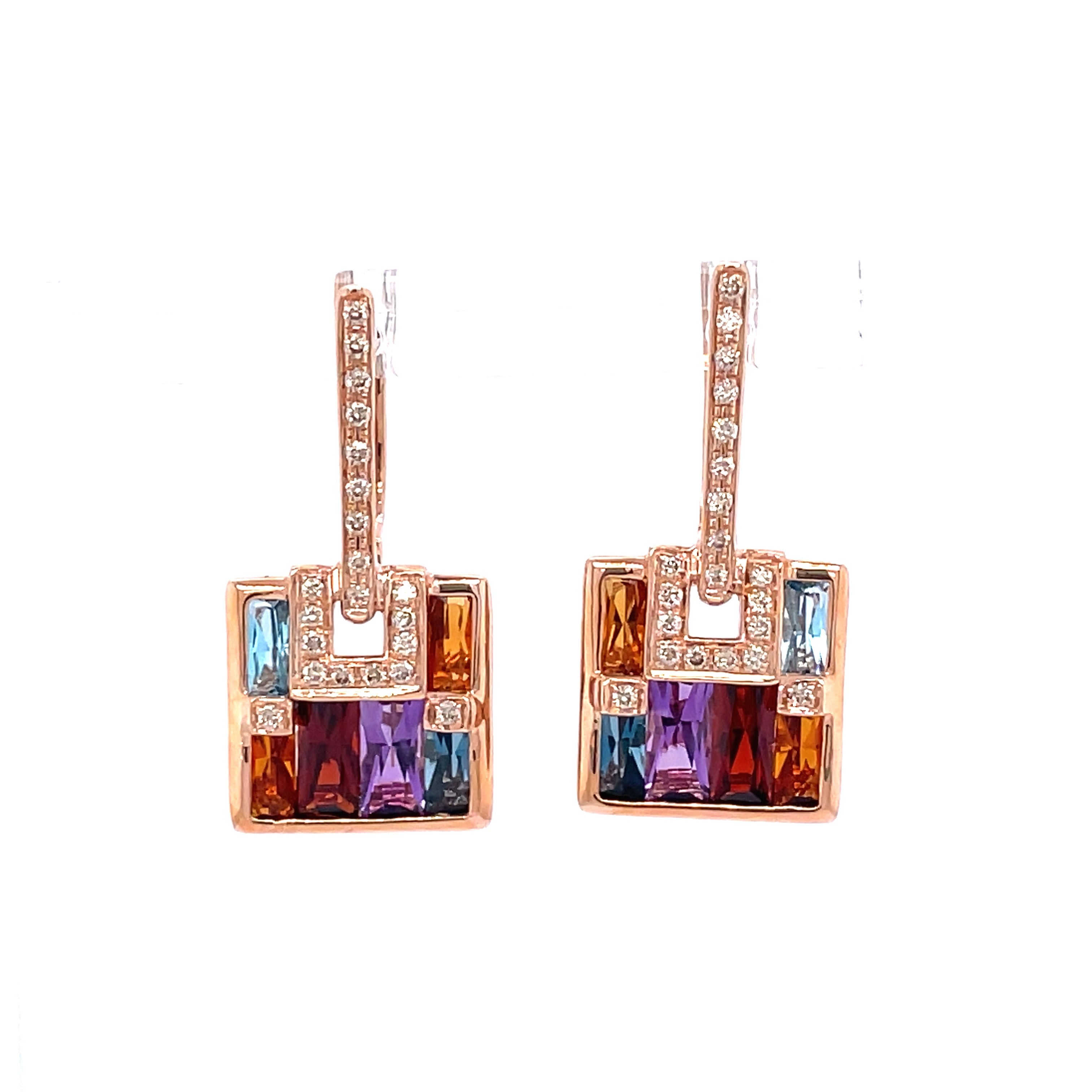 Lady's Rose 14 Karat Multi Stone Dangle Earrings With 3.45Tw Various S